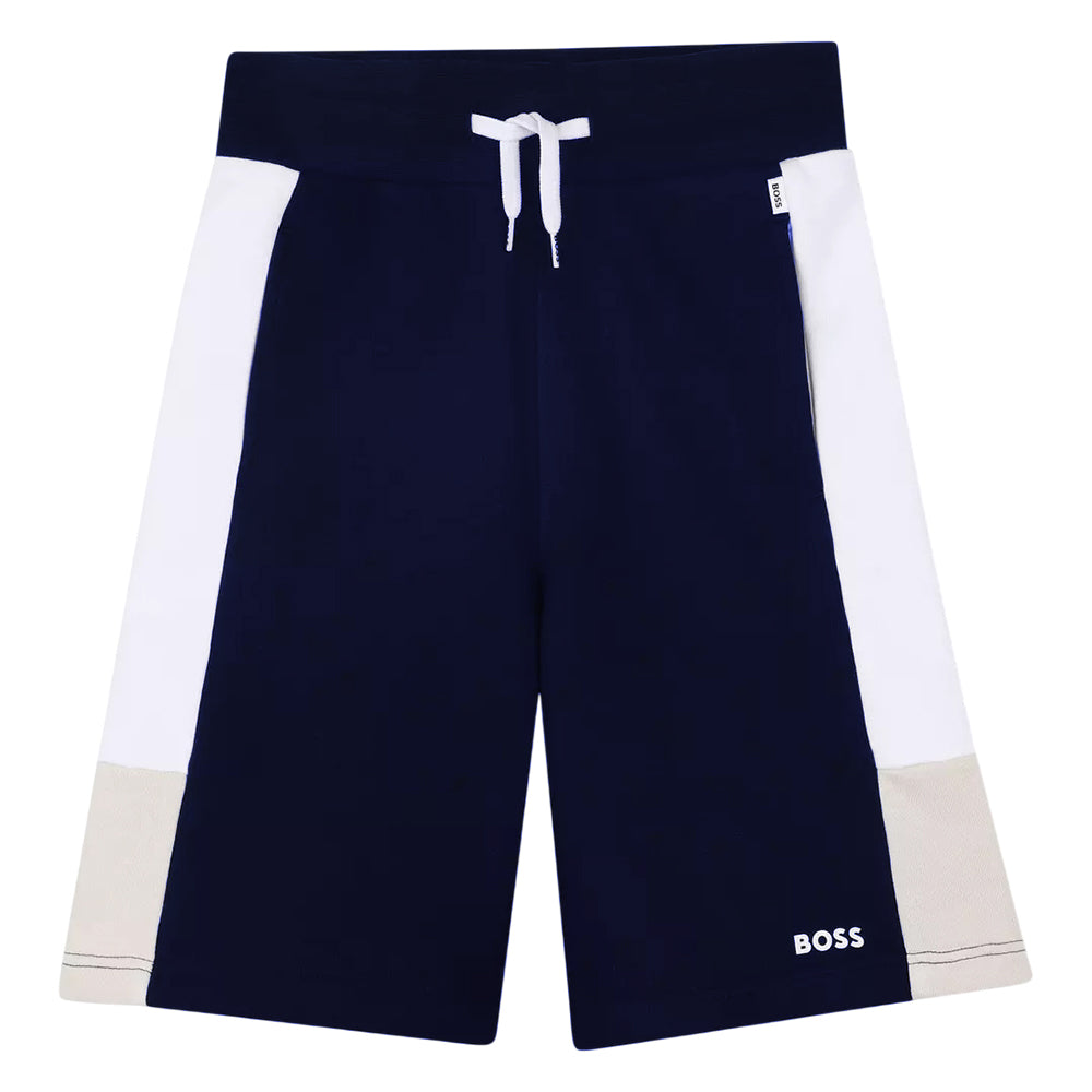 Navy - Front - Boss Childrens-Kids Colour Block Sweat Shorts