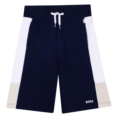 Navy - Front - Boss Childrens-Kids Colour Block Sweat Shorts