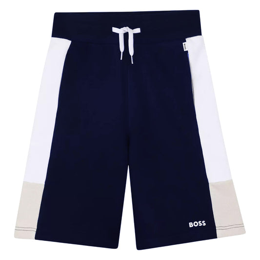 Navy - Front - Boss Childrens-Kids Colour Block Sweat Shorts