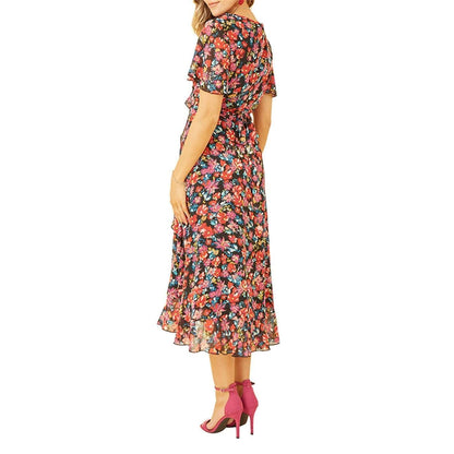 Black - Back - Yumi Womens-Ladies Floral V Neck Wrap Dress