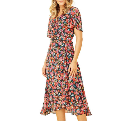 Black - Side - Yumi Womens-Ladies Floral V Neck Wrap Dress