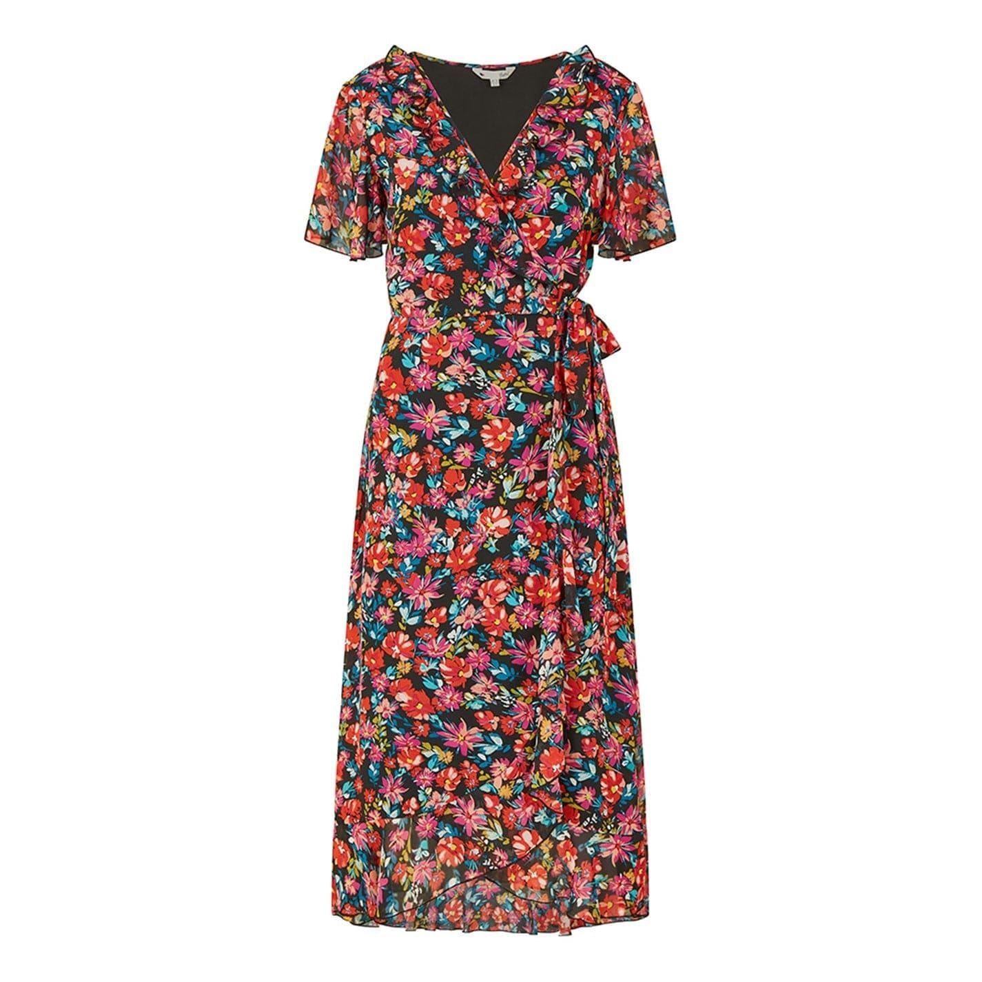 Black - Front - Yumi Womens-Ladies Floral V Neck Wrap Dress