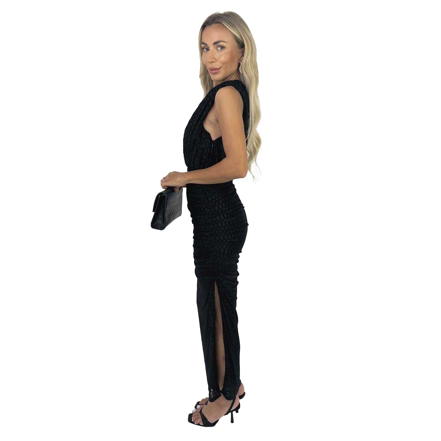 Black - Side - Ax Womens-Ladies Velvet Off Shoulder Midi Dress