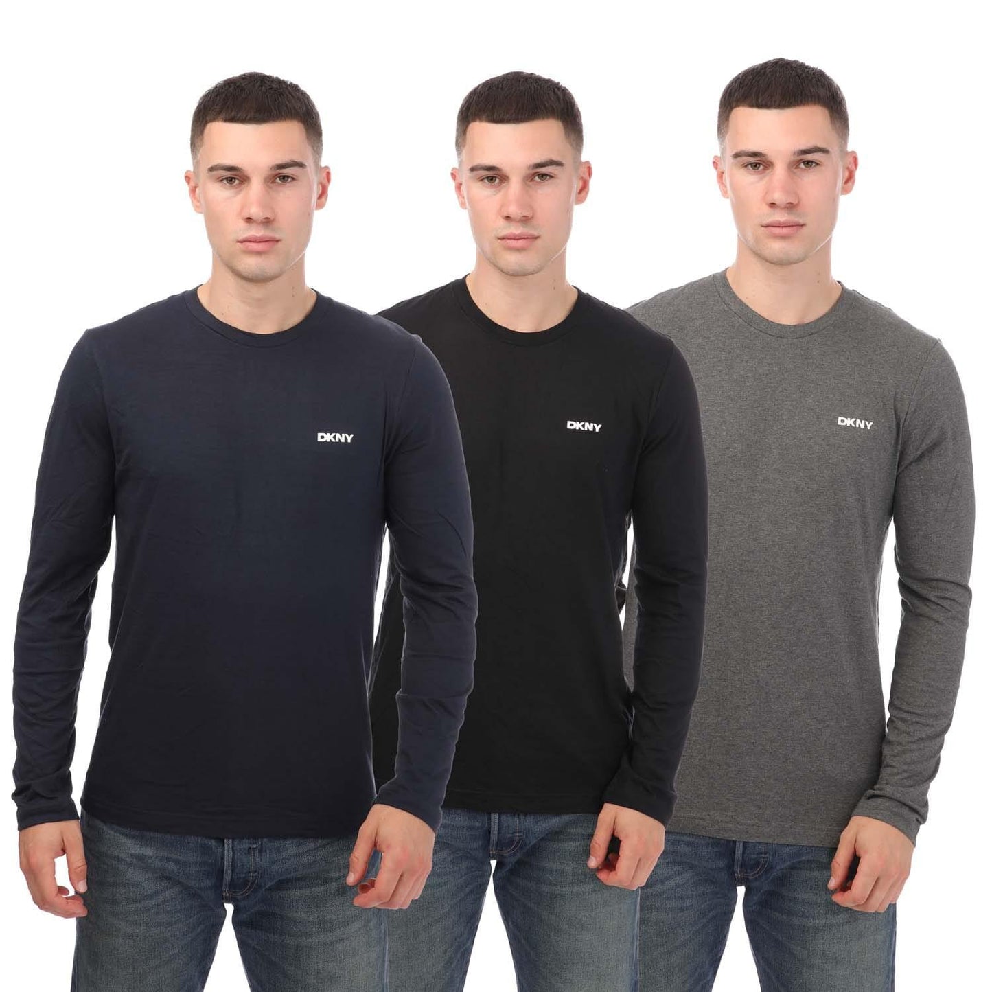 Navy-Grey-Black - Front - DKNY Mens Warrior Long-Sleeved T-Shirt (Pack of 3)