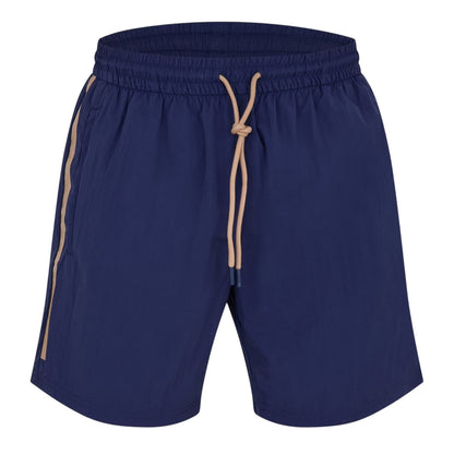 Navy - Front - Boss Mens Side Stripe Polyester Relaxed Fit Swim Shorts