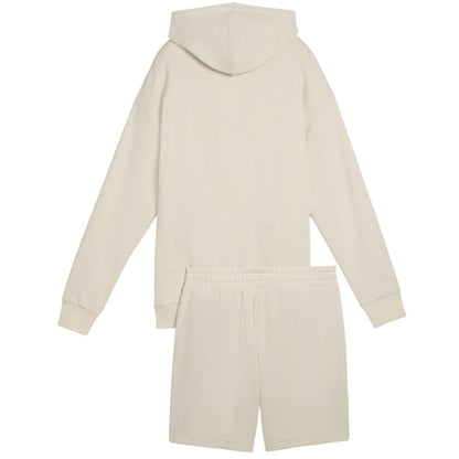 Alpine White - Back - Puma Womens-Ladies Hooded Relaxed Fit Sweatshirt and Shorts Set