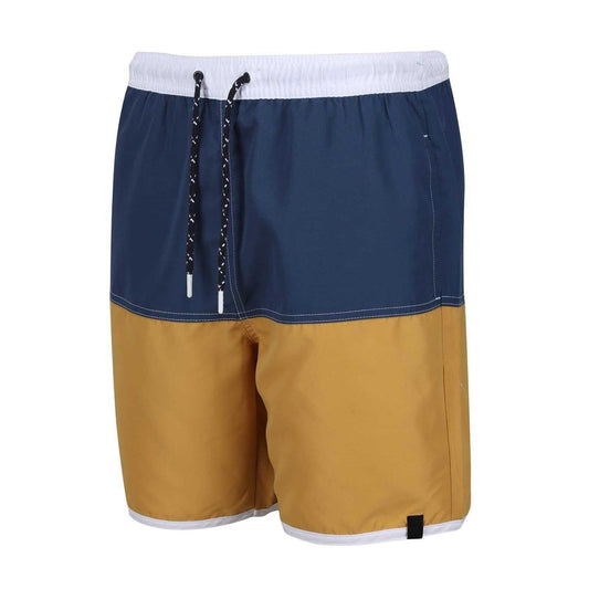 Dark Denim-Gold Straw - Front - Regatta Mens Benicio Swim Shorts