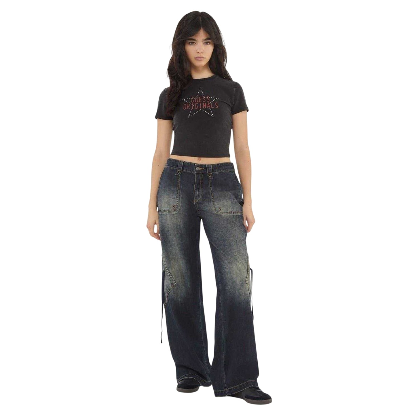 Jet Black - Side - Guess Womens-Ladies Star Slim Crop T-Shirt