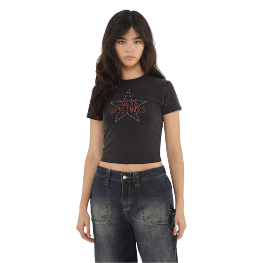 Jet Black - Front - Guess Womens-Ladies Star Slim Crop T-Shirt