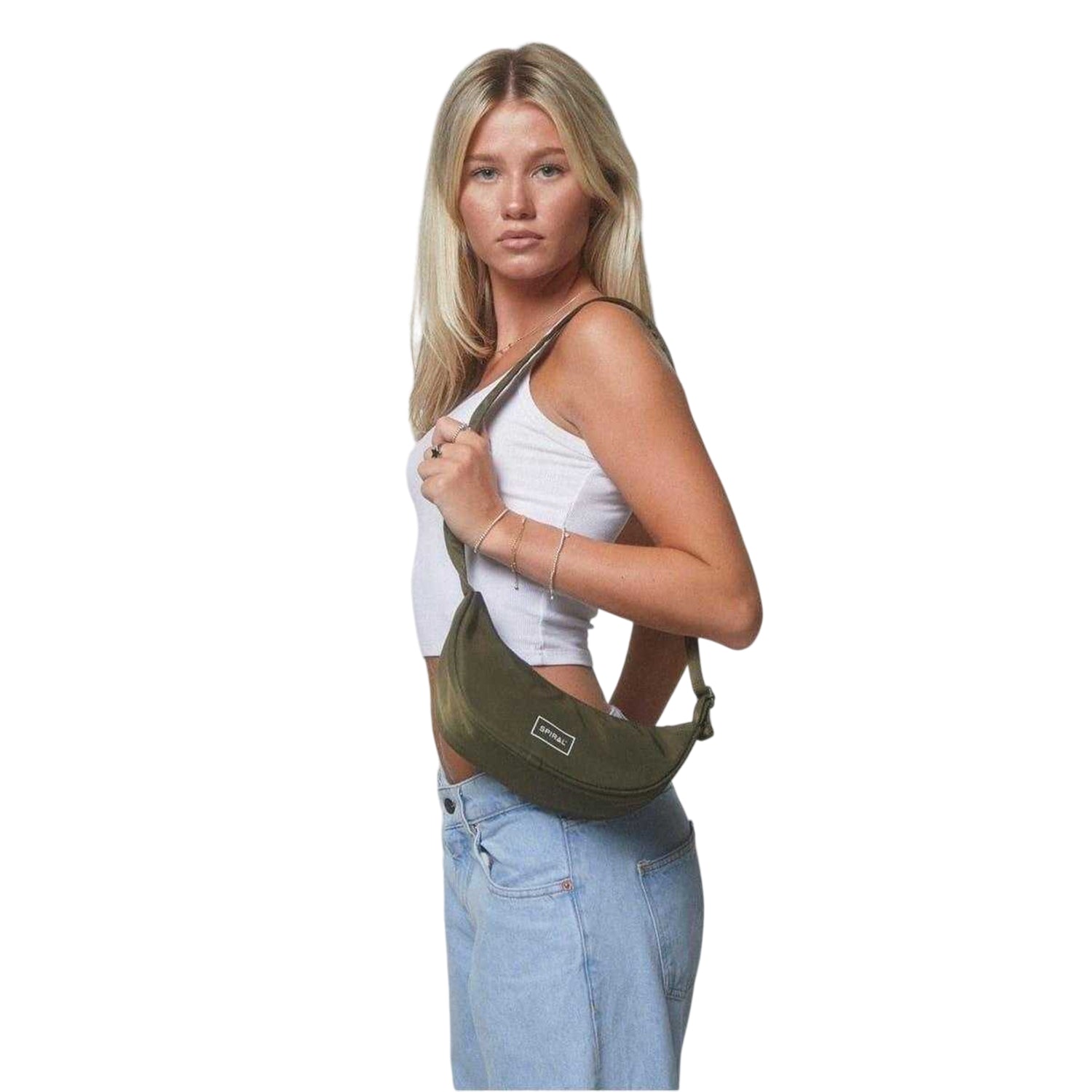 Olive - Side - Spiral Cali Crescent Shaped Everyday Crossbody Bag
