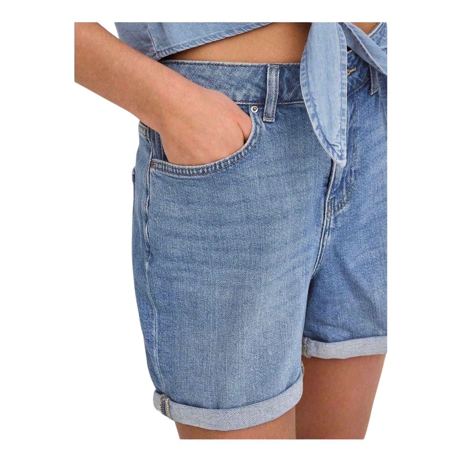 Mid Blue - Side - Only Womens-Ladies Denim Cuffed Shorts