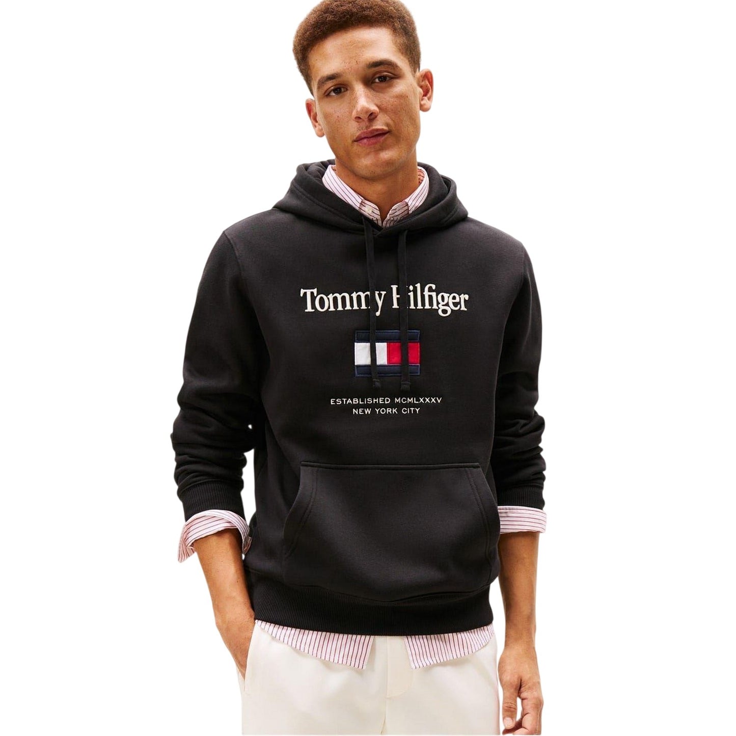 Black - Side - Tommy Hilfiger Mens Embroidered Relaxed Fit Pullover Hoodie
