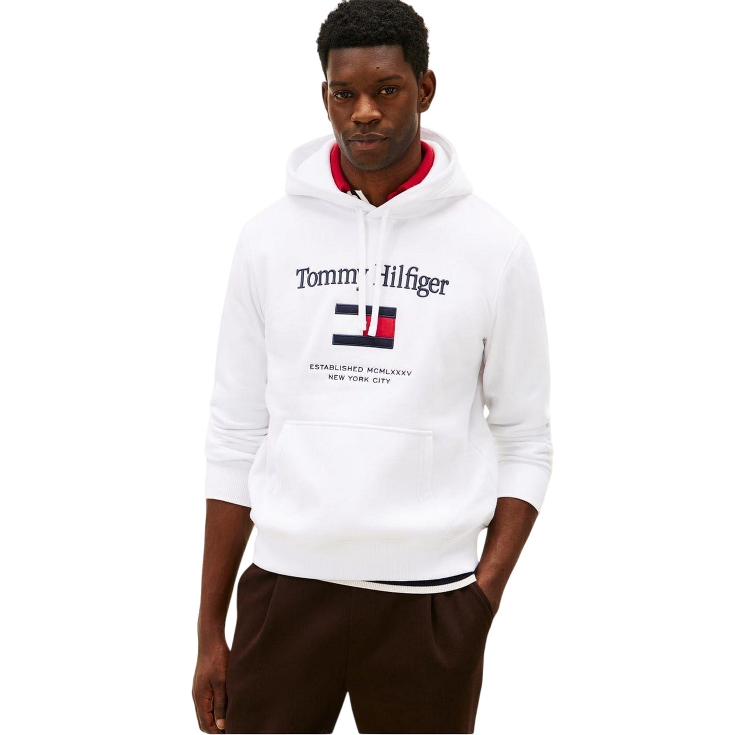 White - Side - Tommy Hilfiger Mens Embroidered Relaxed Fit Pullover Hoodie