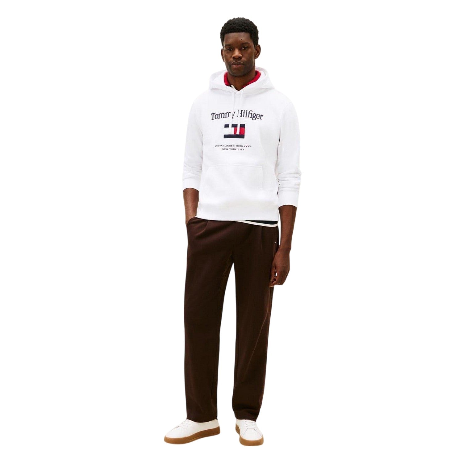 White - Lifestyle - Tommy Hilfiger Mens Embroidered Relaxed Fit Pullover Hoodie