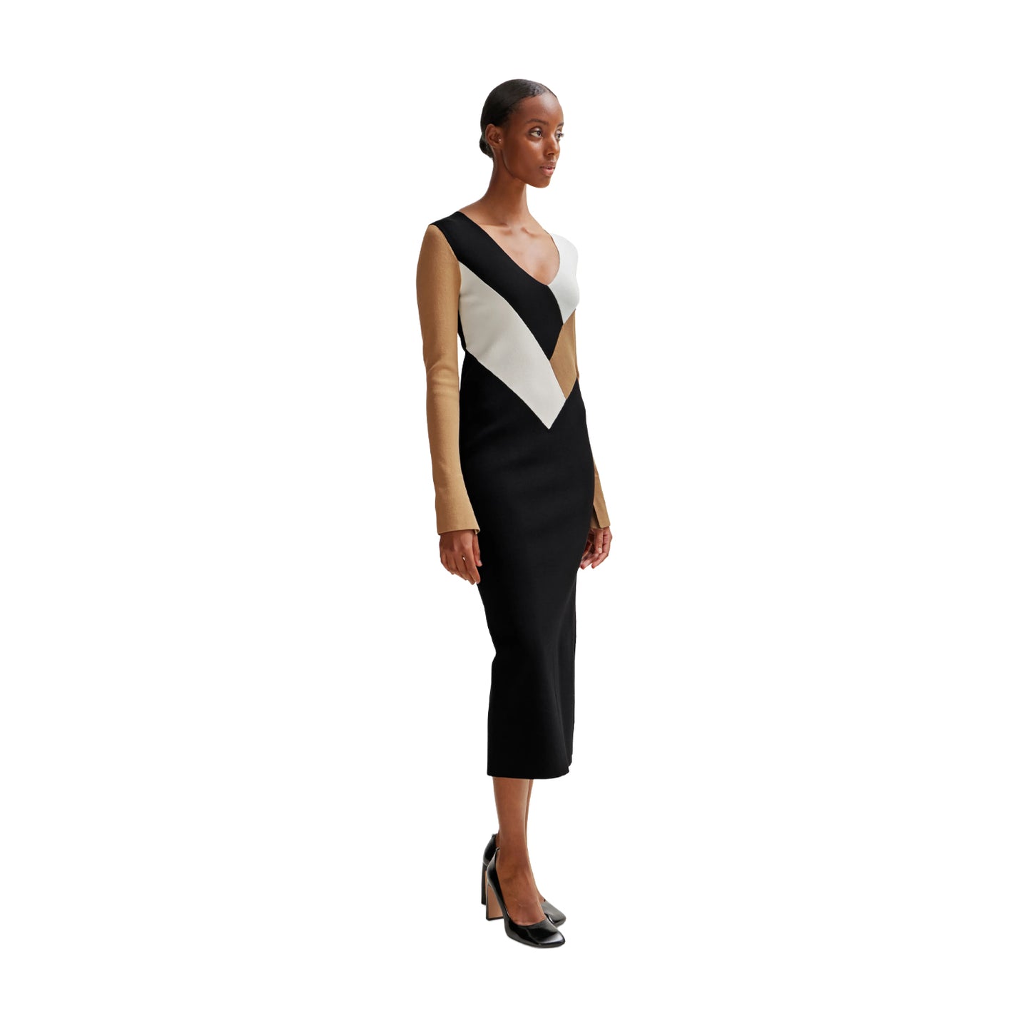 Black-White-Beige - Side - Boss Womens-Ladies Florency Ribbed Long-Sleeved Midi Dress
