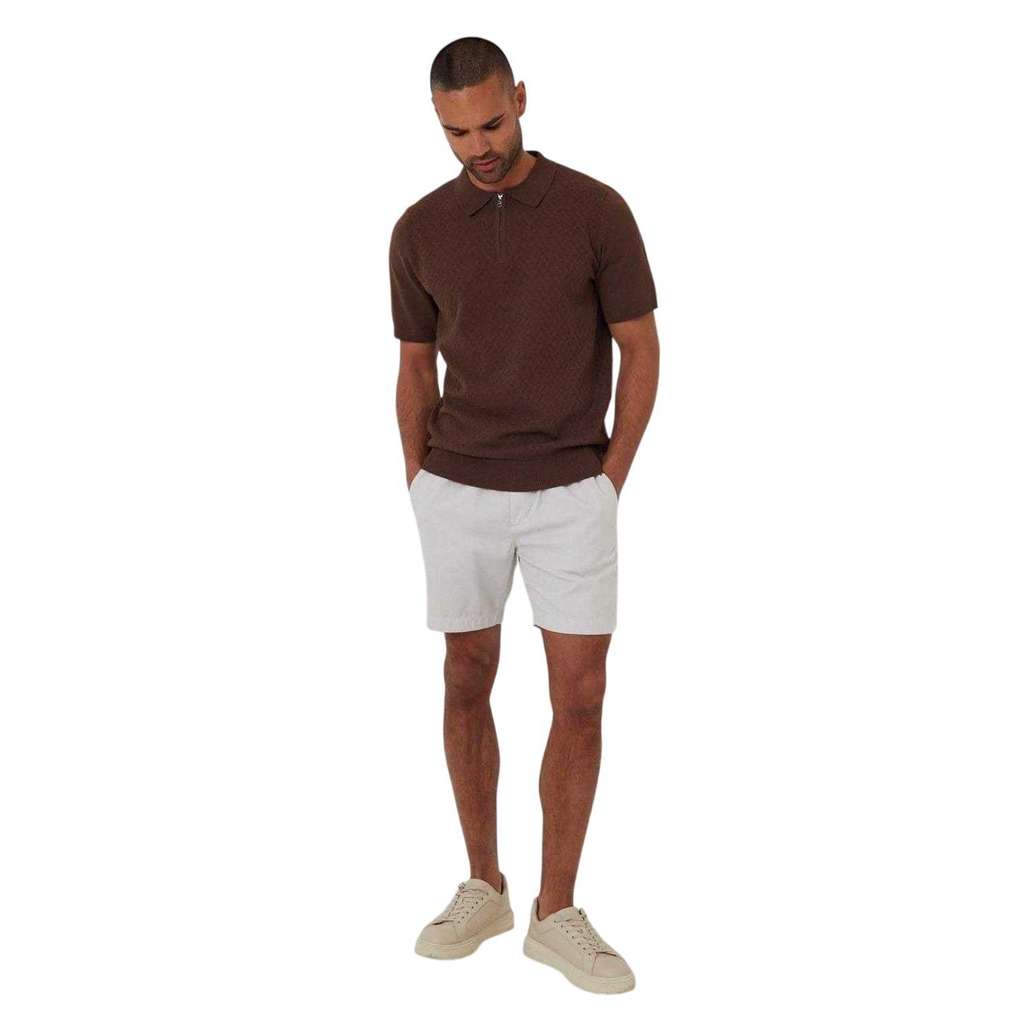 Walnut - Lifestyle - Threadbare Mens Whittley Textured Short-Sleeved Polo Shirt