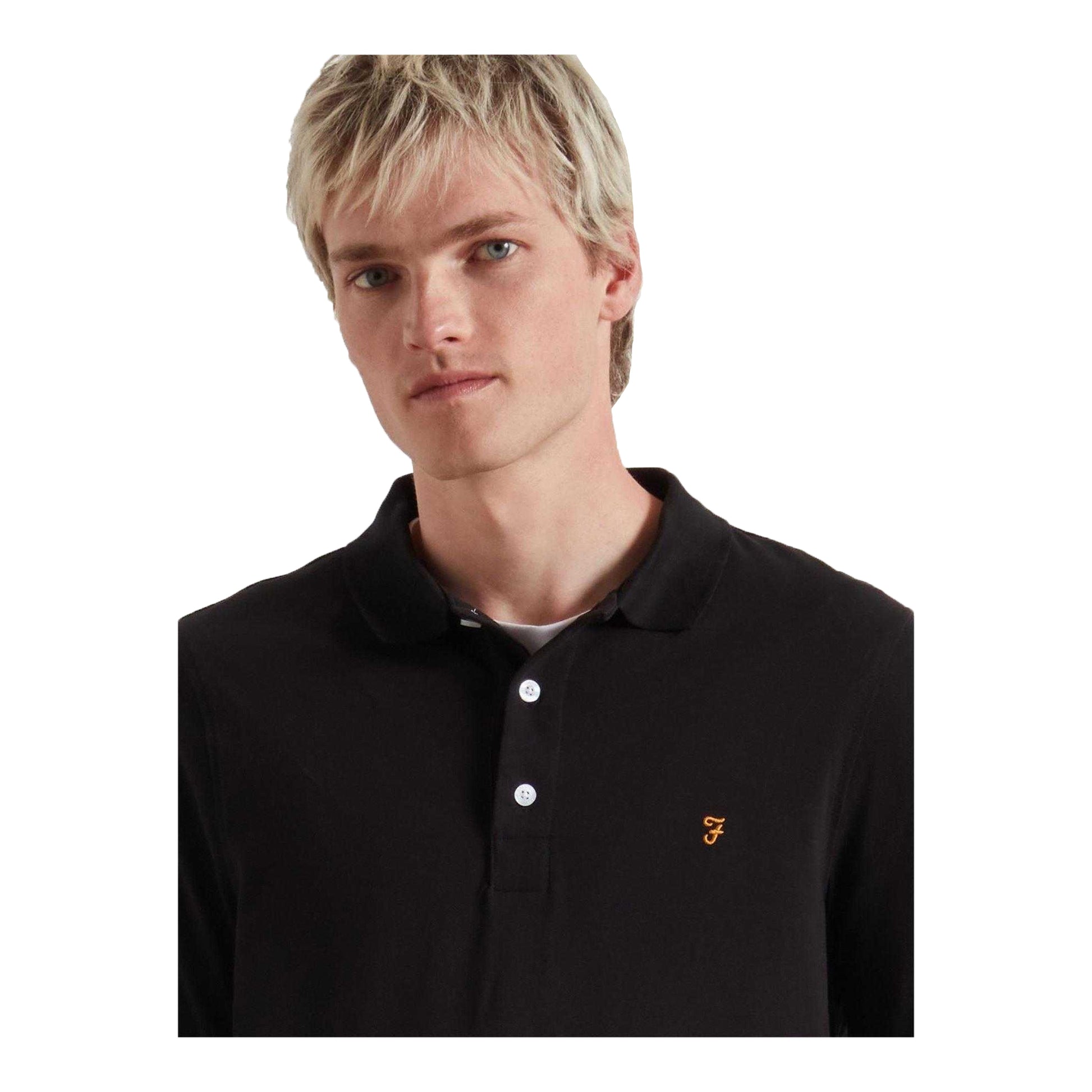 Black - Side - Farah Mens Cotton Blend Long-Sleeved Polo Shirt