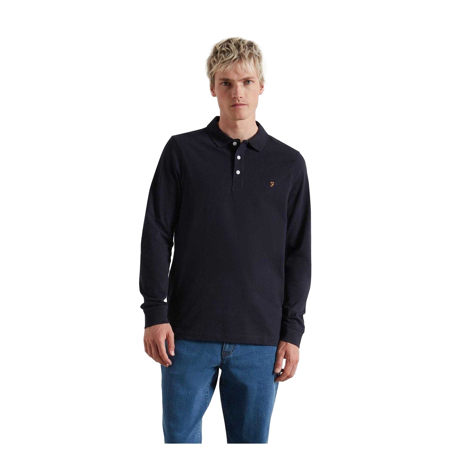 True Navy - Front - Farah Mens Cotton Blend Long-Sleeved Polo Shirt