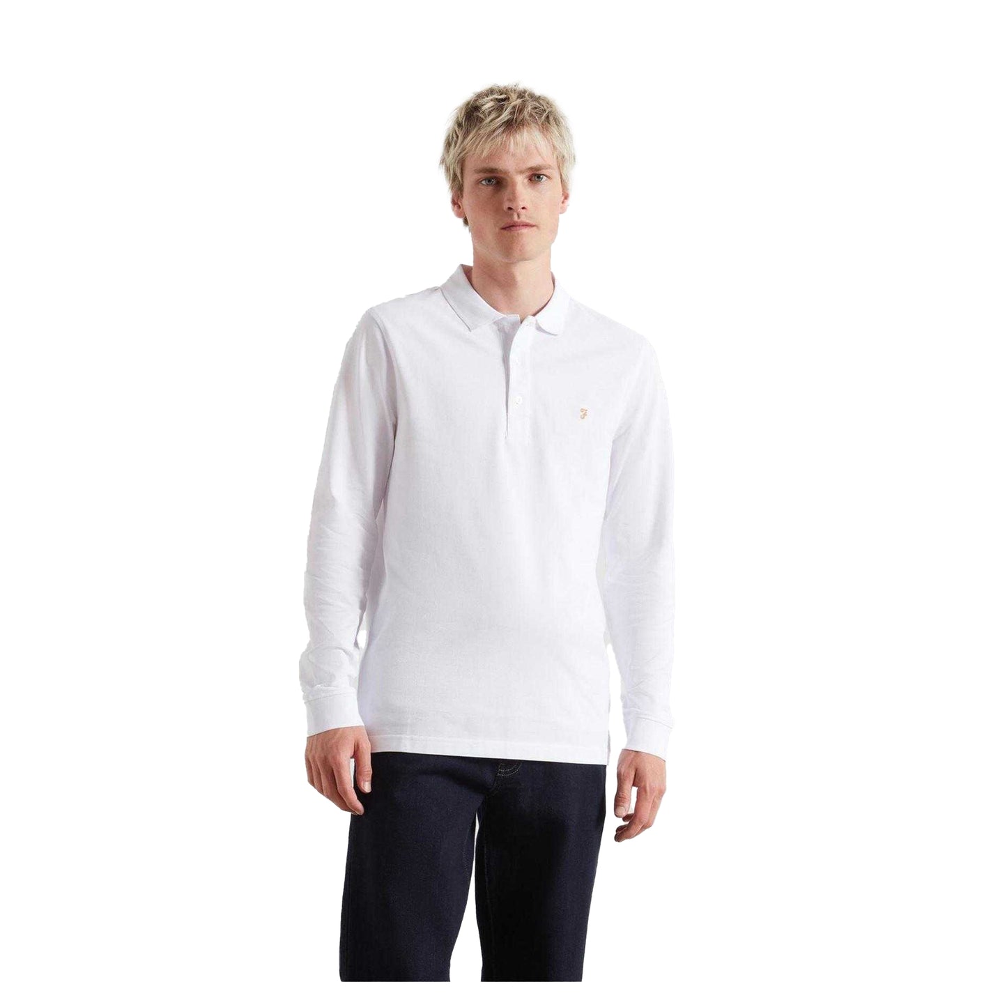 White - Front - Farah Mens Cotton Blend Long-Sleeved Polo Shirt