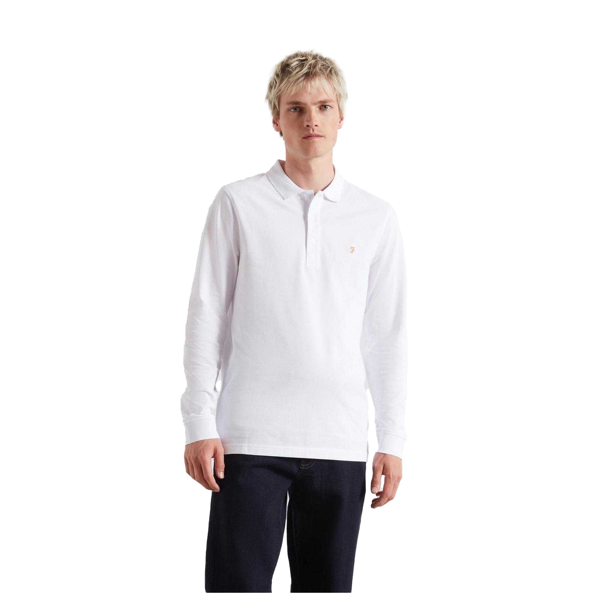 White - Front - Farah Mens Cotton Blend Long-Sleeved Polo Shirt