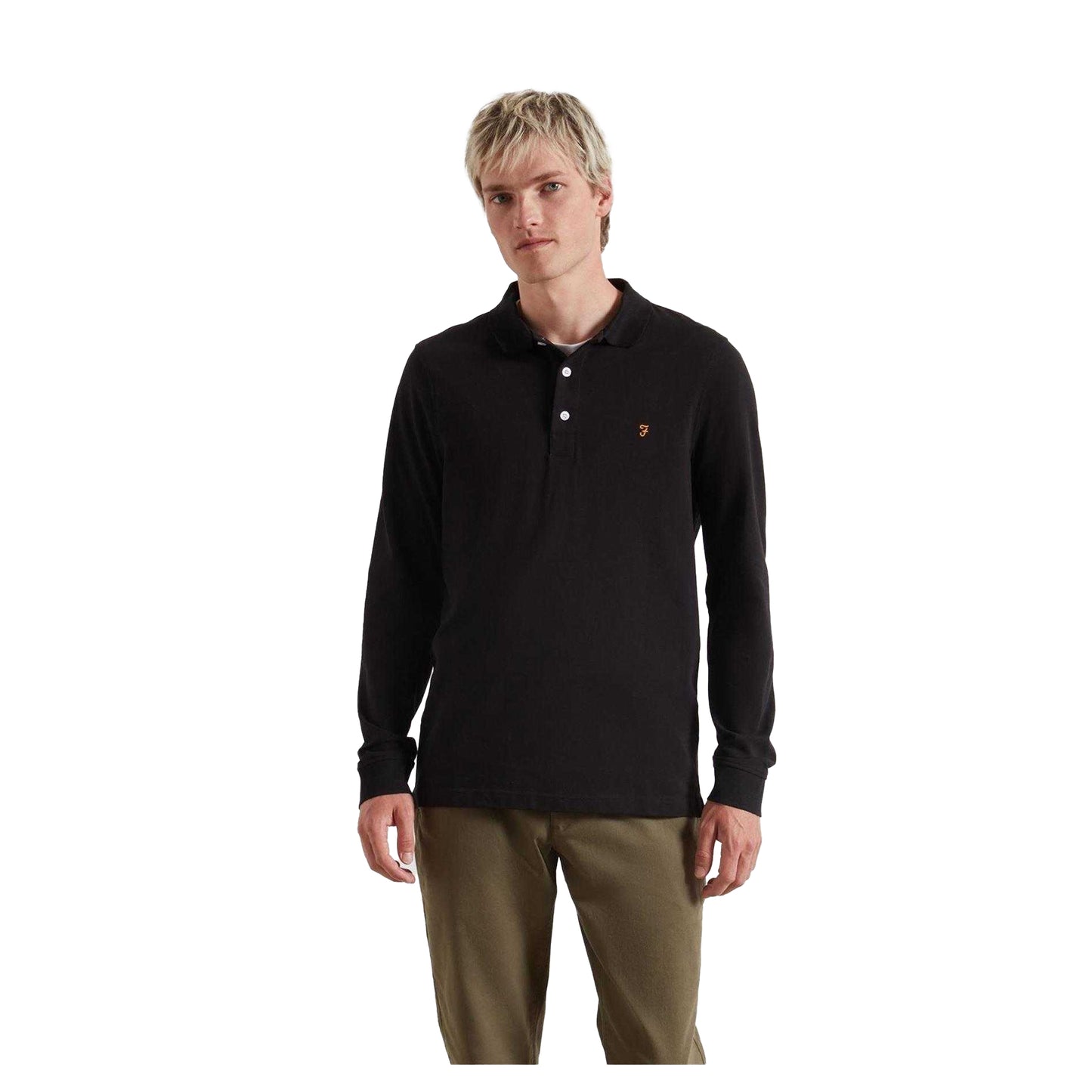 Black - Front - Farah Mens Cotton Blend Long-Sleeved Polo Shirt