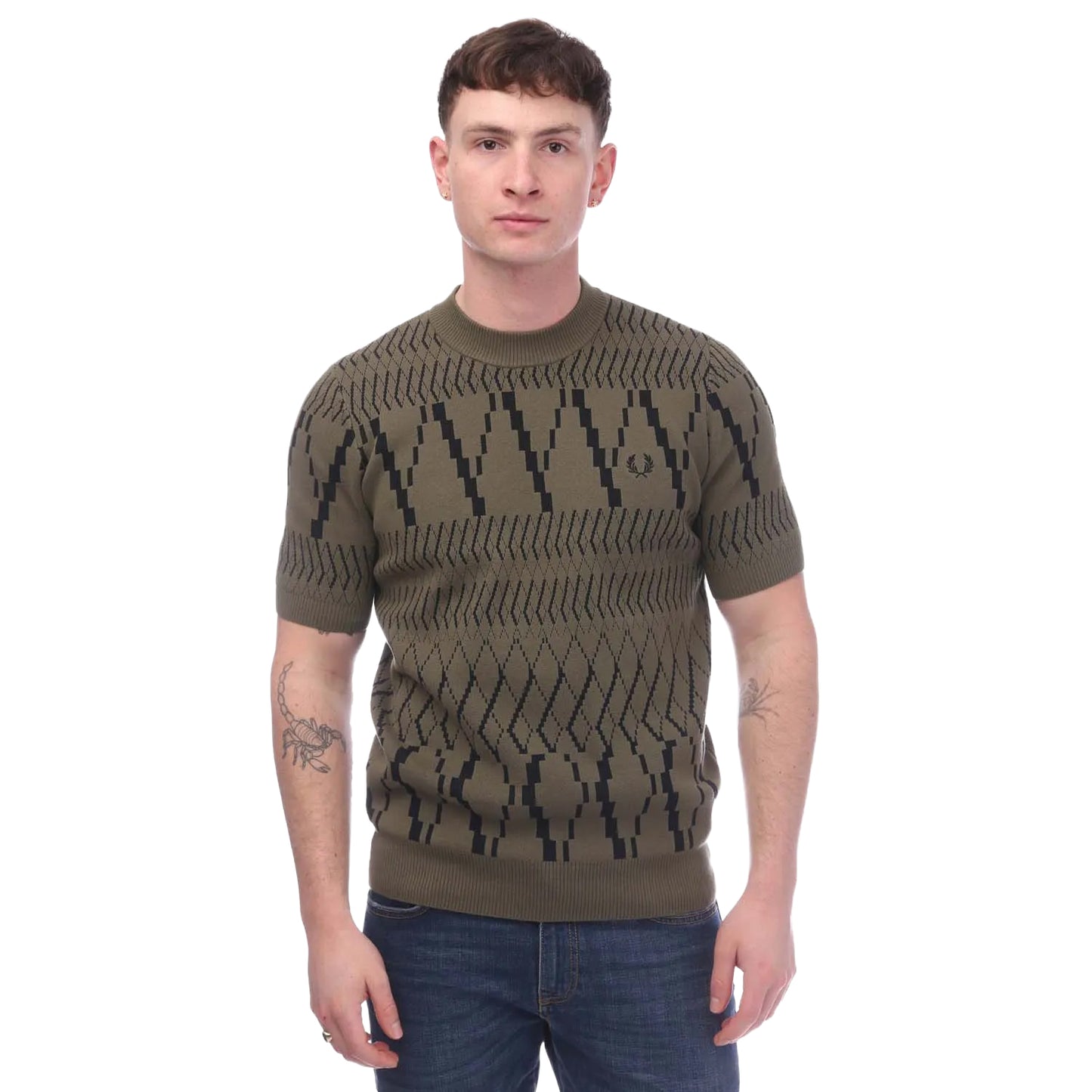 Green - Side - Fred Perry Mens Argyle Knitted Panelled T-Shirt