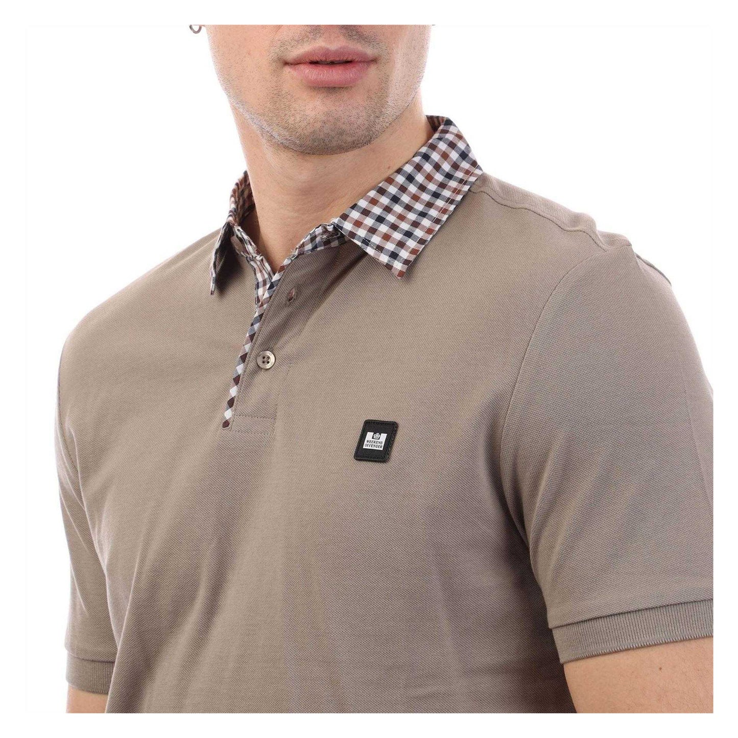 Stone - Side - Weekend Offender Mens Checked Collar Cotton Polo Shirt