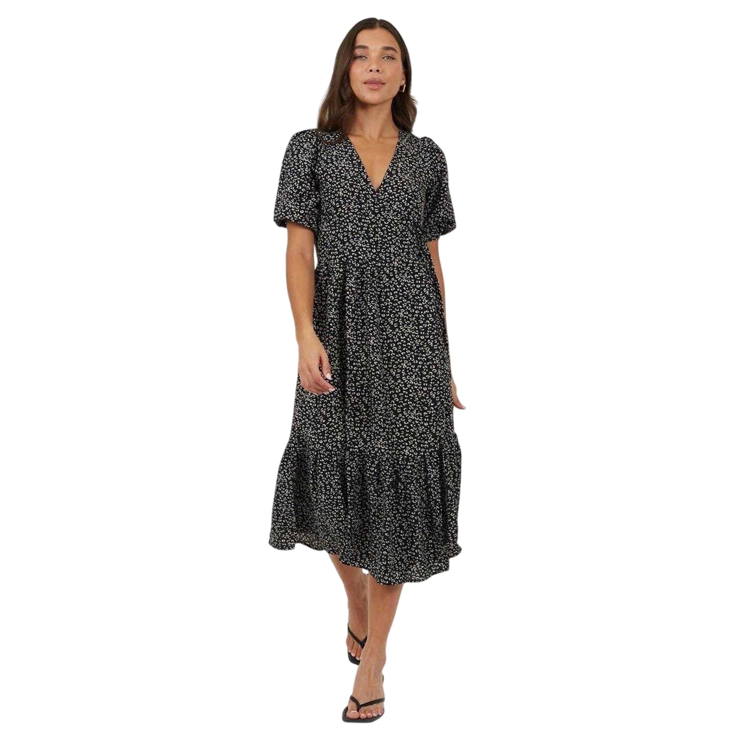 Black-White - Side - Brave Soul Womens-Ladies Puff Sleeve Wrap Dress