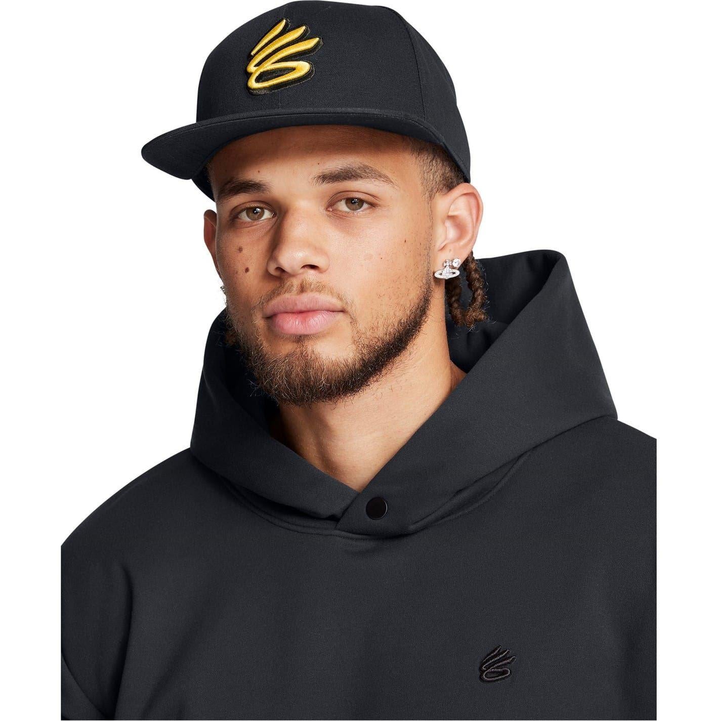 Black - Side - Under Armour Mens Curry Logo Cotton Flat Peak Snapback Cap