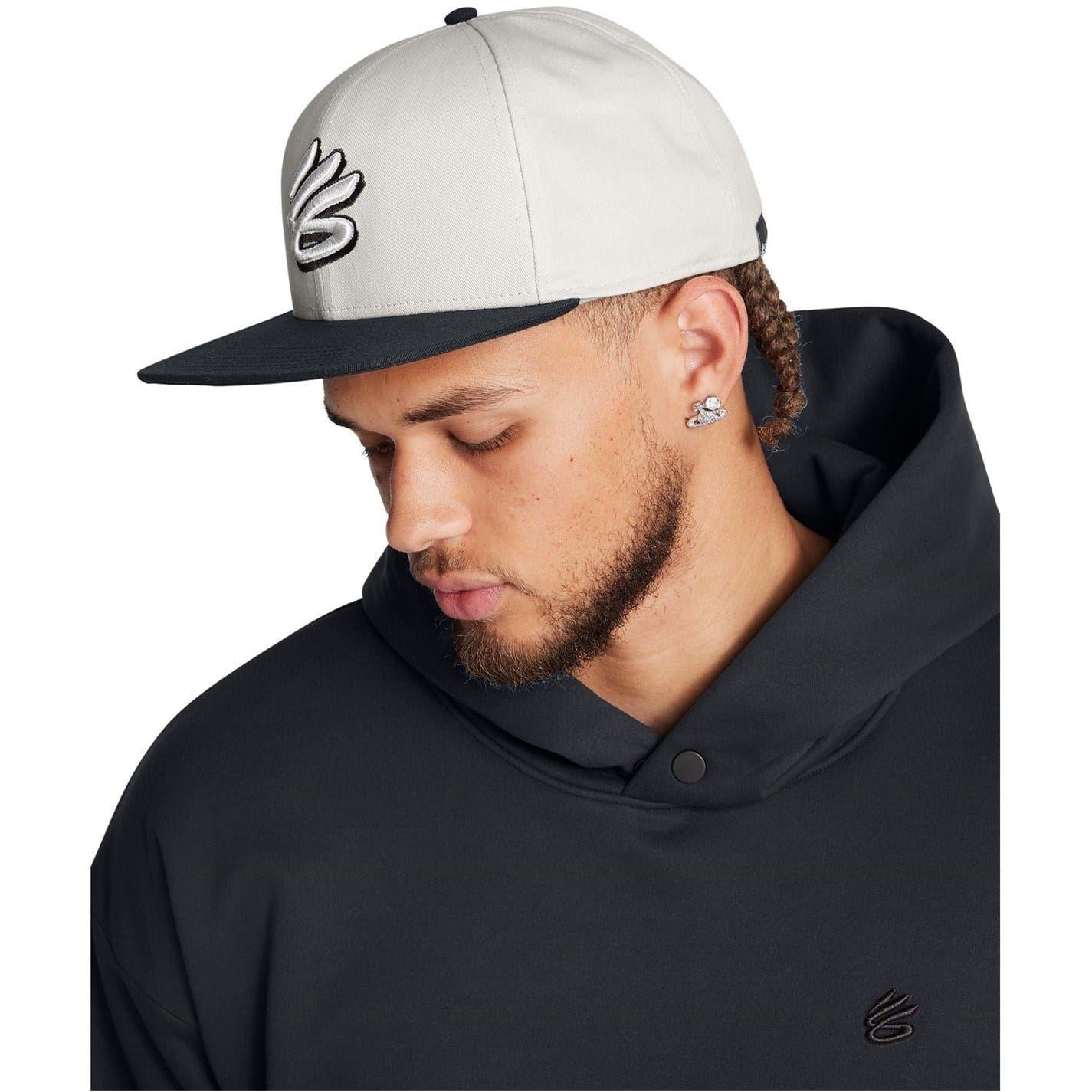 White - Side - Under Armour Mens Curry Logo Cotton Flat Peak Snapback Cap