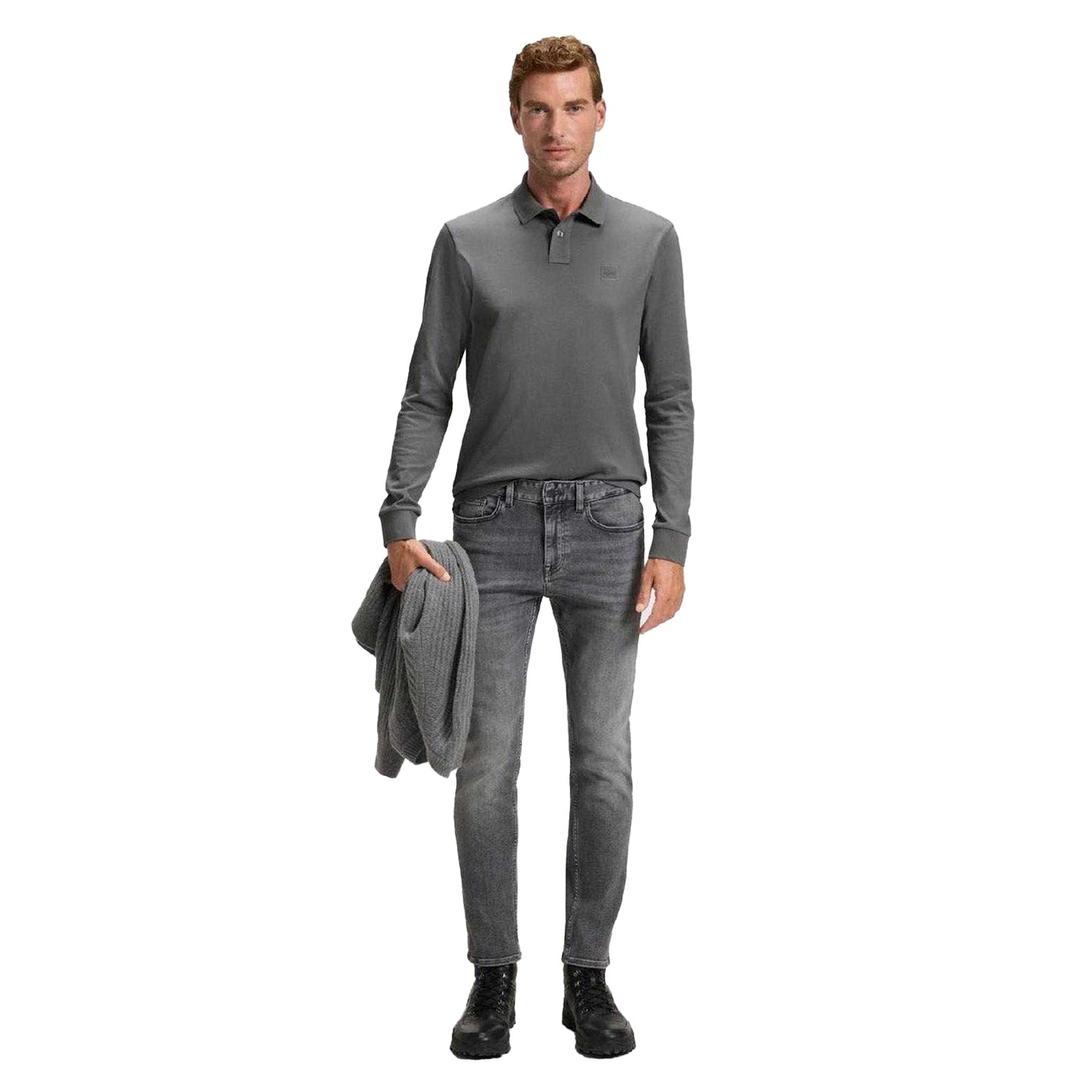 Grey - Pack Shot - Boss Mens Passerby Slim Long-Sleeved Polo Shirt