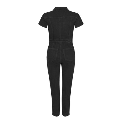 Black - Back - Good American Womens-Ladies Denim Adjustable Waist Short-Sleeved Jumpsuit