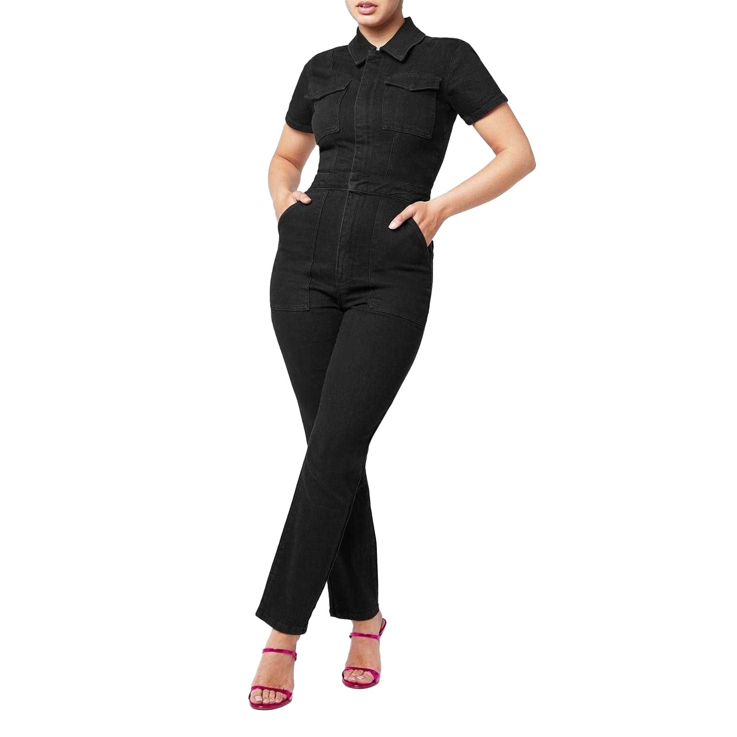 Black - Side - Good American Womens-Ladies Denim Adjustable Waist Short-Sleeved Jumpsuit