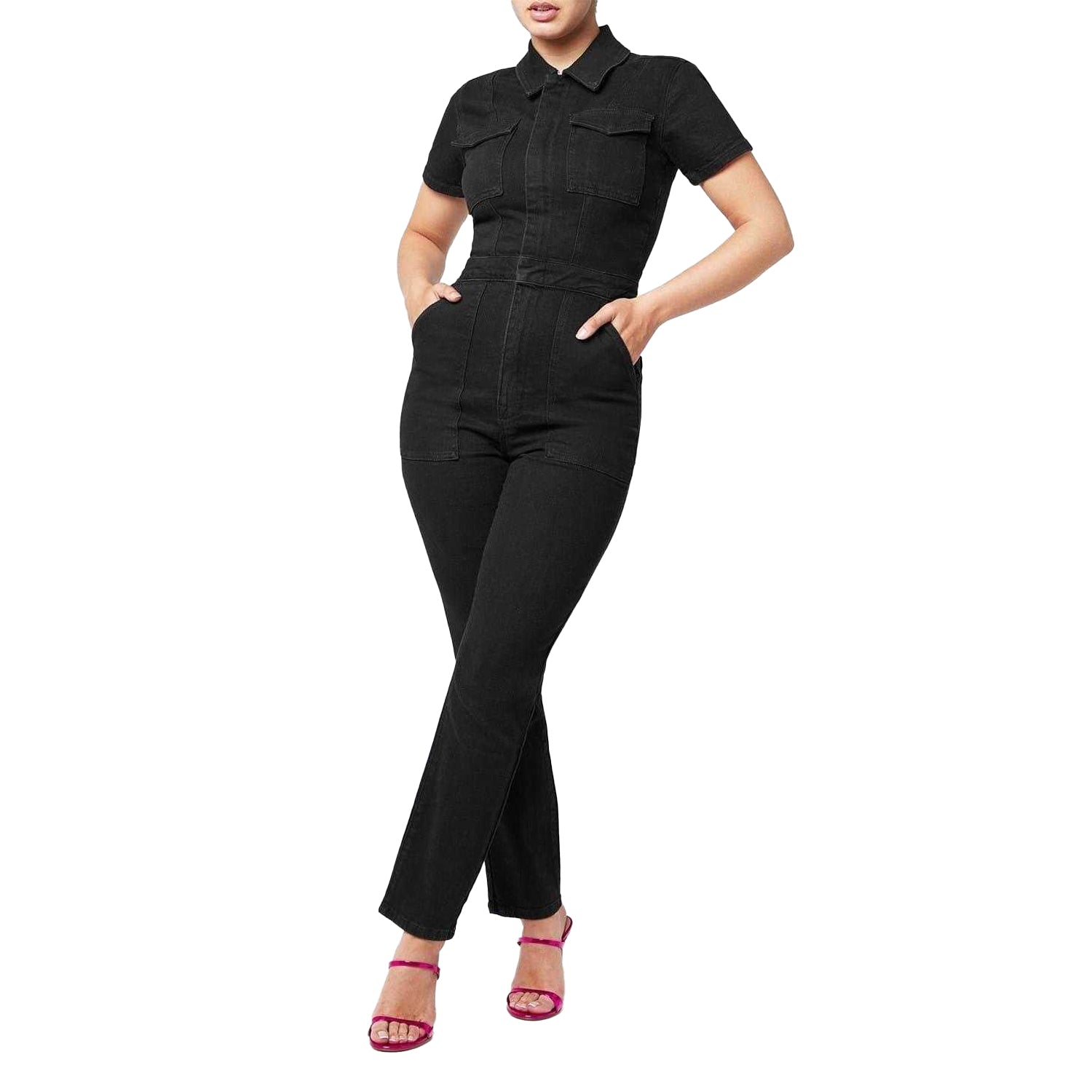 Black - Side - Good American Womens-Ladies Denim Adjustable Waist Short-Sleeved Jumpsuit