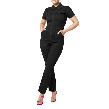 Black - Side - Good American Womens-Ladies Denim Adjustable Waist Short-Sleeved Jumpsuit