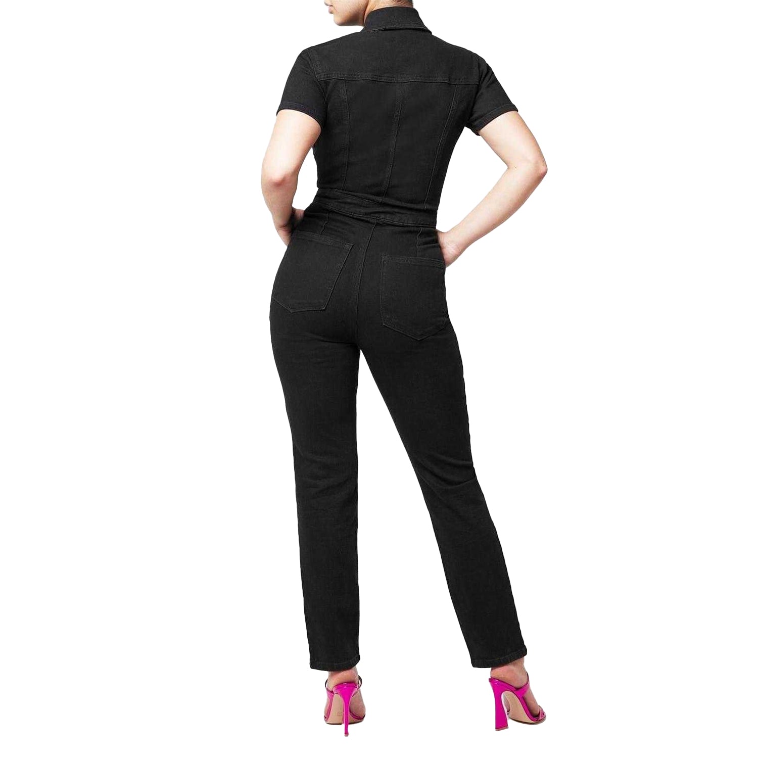 Black - Lifestyle - Good American Womens-Ladies Denim Adjustable Waist Short-Sleeved Jumpsuit
