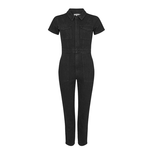 Black - Front - Good American Womens-Ladies Denim Adjustable Waist Short-Sleeved Jumpsuit