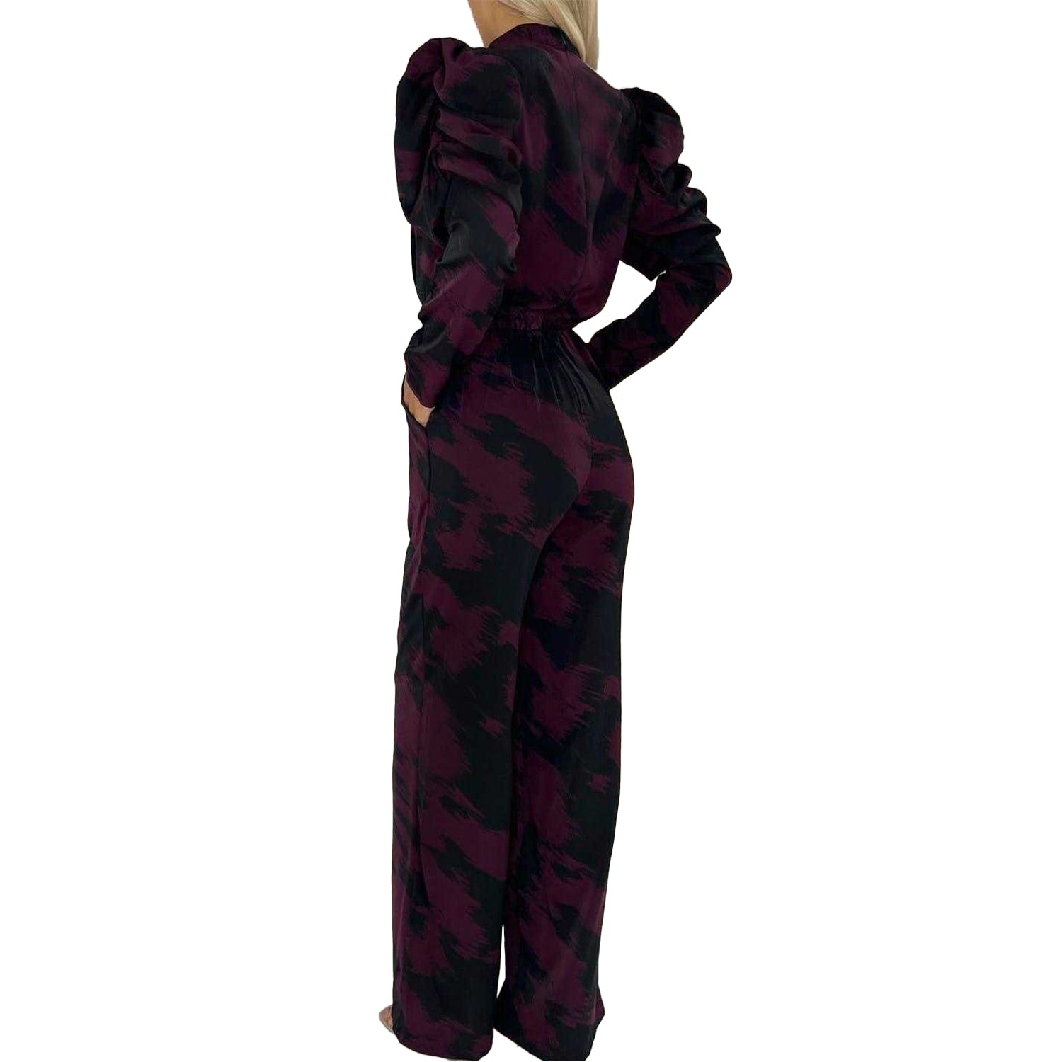 Wine - Back - AX Paris Womens-Ladies Abstract Polyester Wide Leg Puff Sleeve Jumpsuit