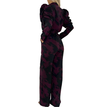Wine - Back - AX Paris Womens-Ladies Abstract Polyester Wide Leg Puff Sleeve Jumpsuit