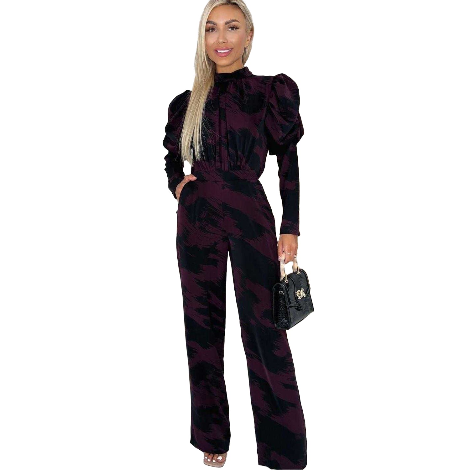 Wine - Front - AX Paris Womens-Ladies Abstract Polyester Wide Leg Puff Sleeve Jumpsuit