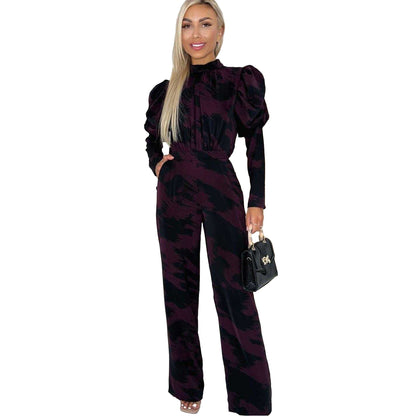 Wine - Front - AX Paris Womens-Ladies Abstract Polyester Wide Leg Puff Sleeve Jumpsuit