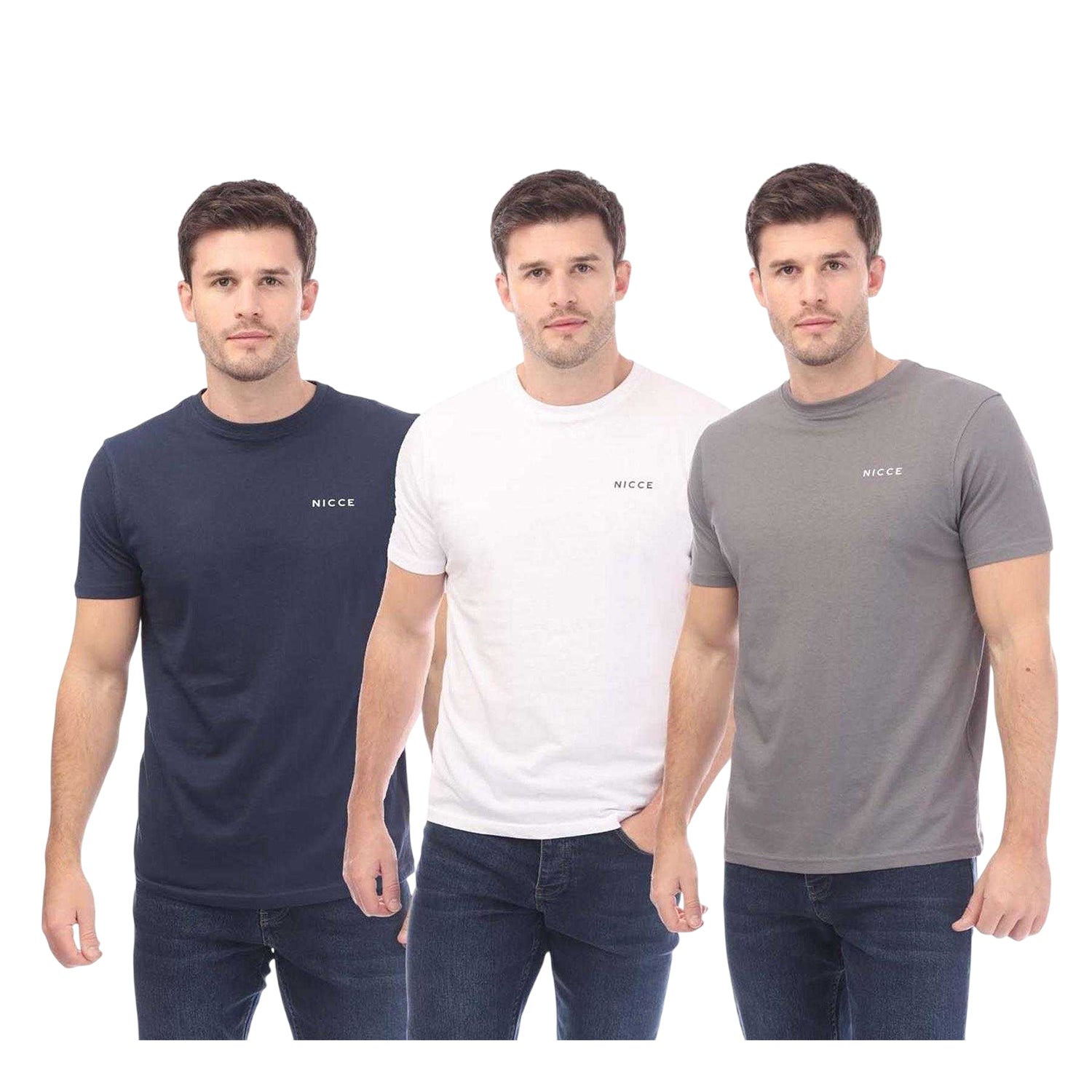 White-Navy-Grey - Front - Nicce Mens Cotton T-Shirt (Pack of 3)