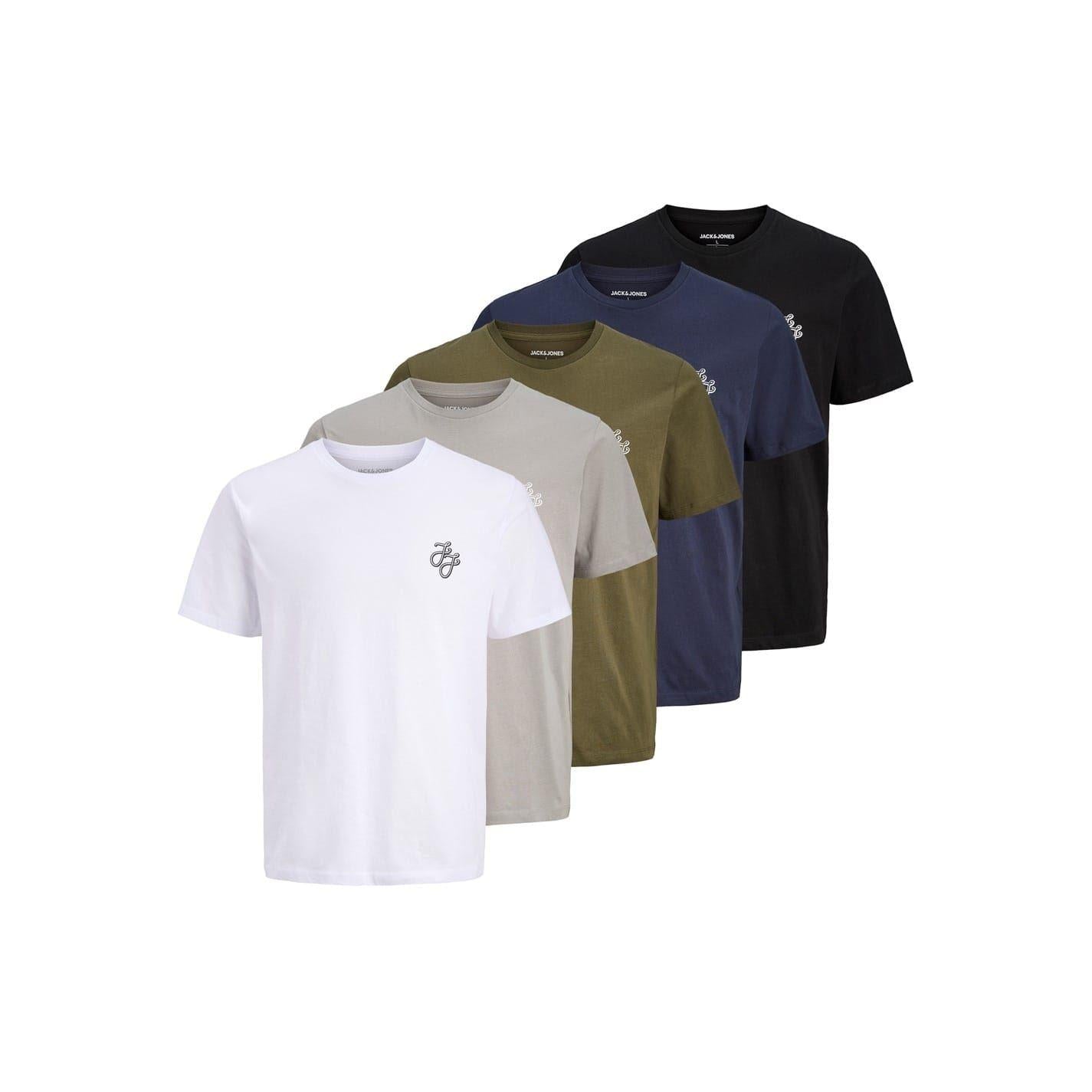 Navy-White-Black-Grey-Khaki Green - Front - Jack And Jones Mens Corp Cotton T-Shirt (Pack of 5)