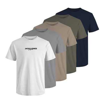 White-Grey-Navy-Olive-Beige - Front - Jack And Jones Mens Corp Cotton T-Shirt (Pack of 5)