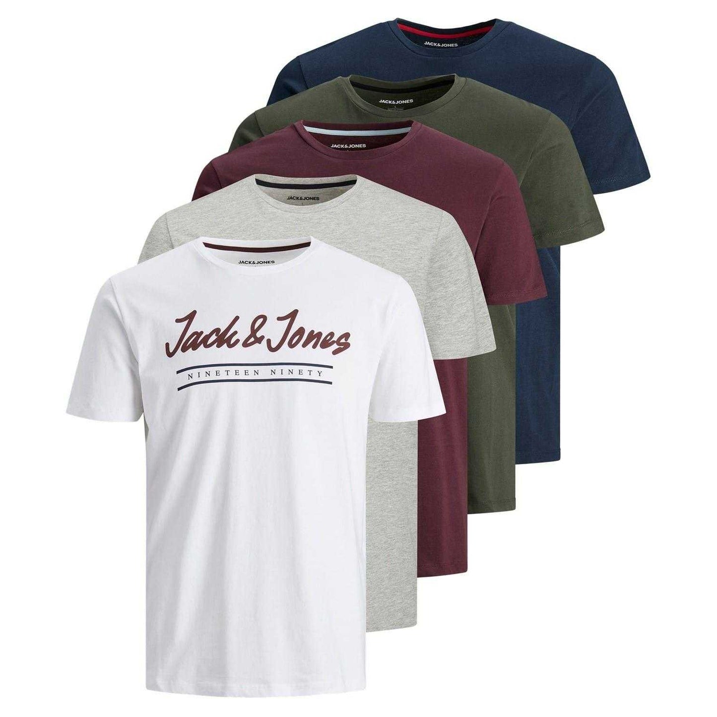 White-Grey-Burgundy-Khaki-Navy - Front - Jack And Jones Mens Corp Cotton T-Shirt (Pack of 5)