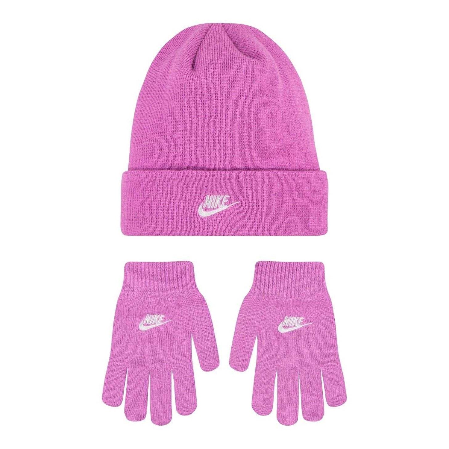 Playful Pink - Front - Nike Childrens-Kids Logo Beanie & Gloves Set