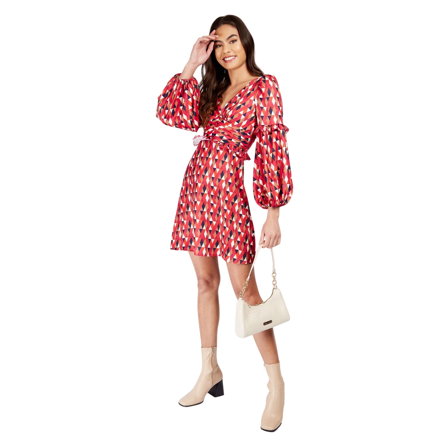 Multicoloured Print - Lifestyle - Little Mistress Womens-Ladies Geometric Pattern Balloon Sleeve Wrap Dress