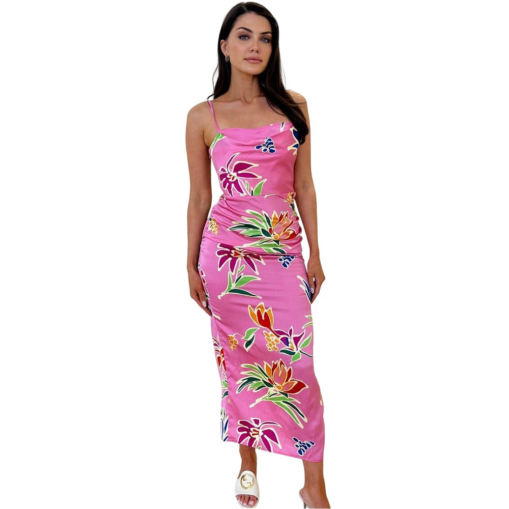 Pink Print - Front - AX Paris Womens-Ladies Polyester Evening Midi Dress