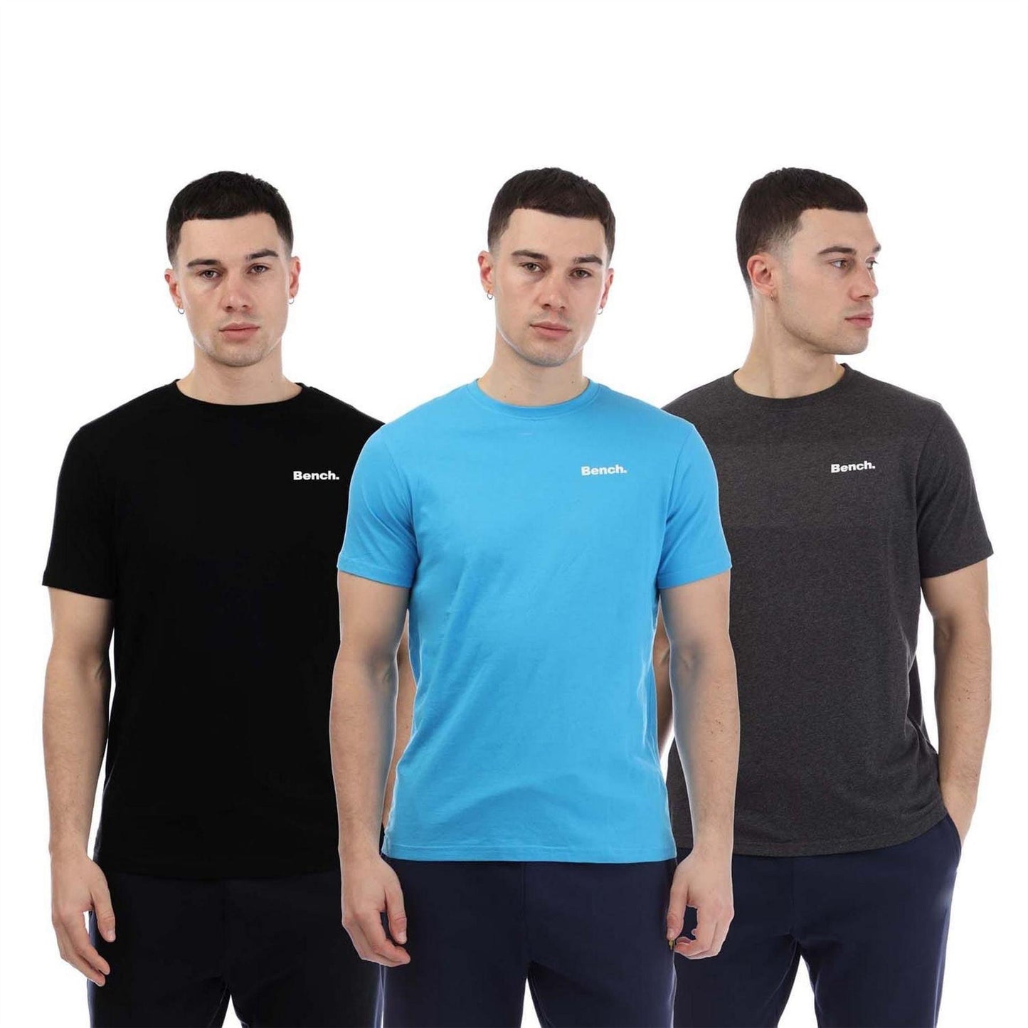 Grey-Blue-Black - Front - Bench Mens Logo Cotton T-Shirt (Pack of 3)