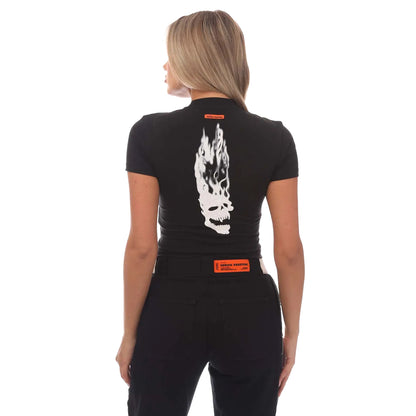 Black-White - Back - Heron Preston Womens-Ladies Flaming Skull Crop T-Shirt